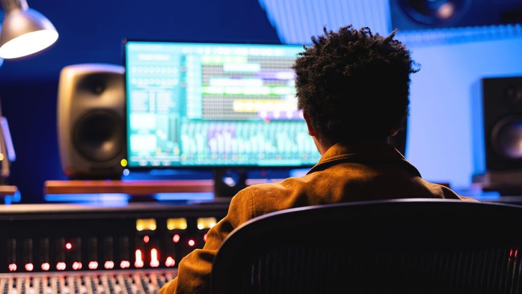 Music producer listening to mastered track on studio monitors in Bhubaneswar