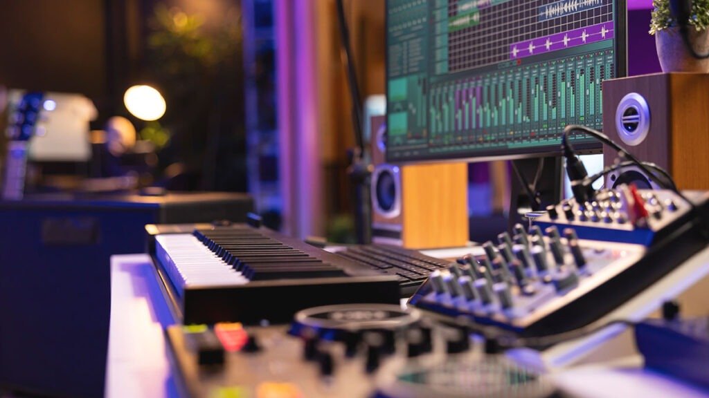 Close-up of microphone with waveform during a dubbing session