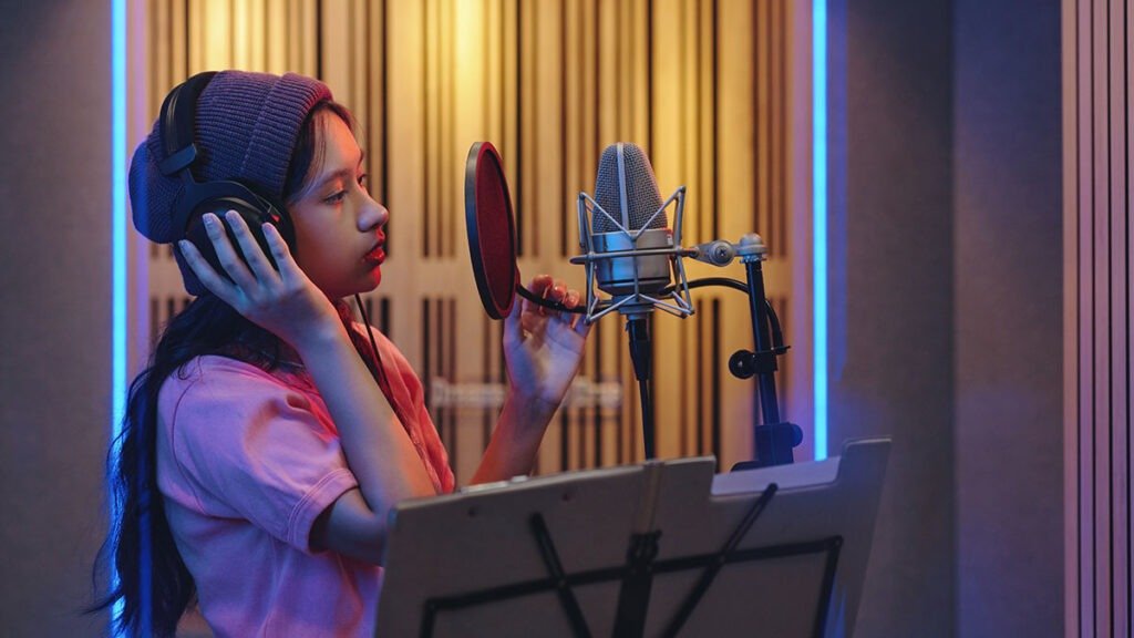 Young girl singing devotional song with headphones in studio